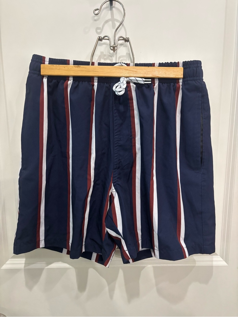 Navy Vertical Stripe Men's Swim Trunks with Red & White Accents